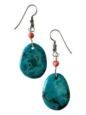Sundance 925 Sterling Silver Turquoise Slab Orange Coral Drop Earrings NEW